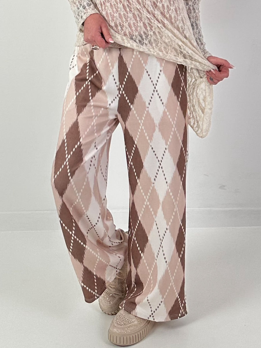 Hose mit Rautenmuster - beige-braun-weiss