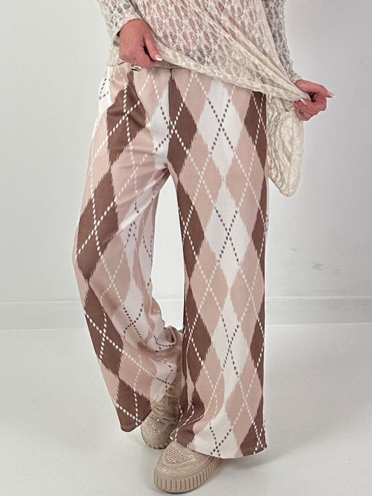 Hose mit Rautenmuster - beige-braun-weiss