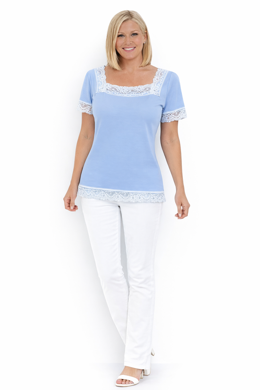 T-Shirt mit Spitzendetails - hellblau