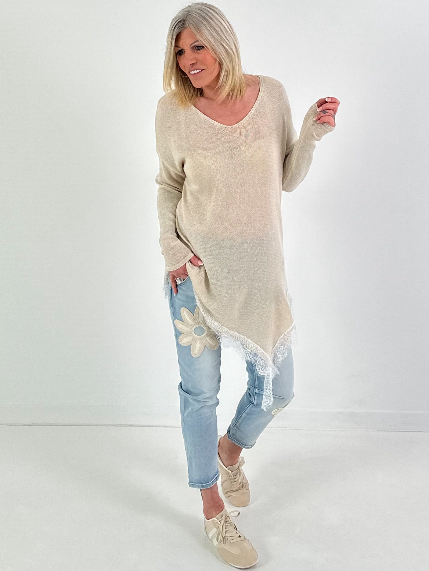Strickpullover mit Spitze - beige