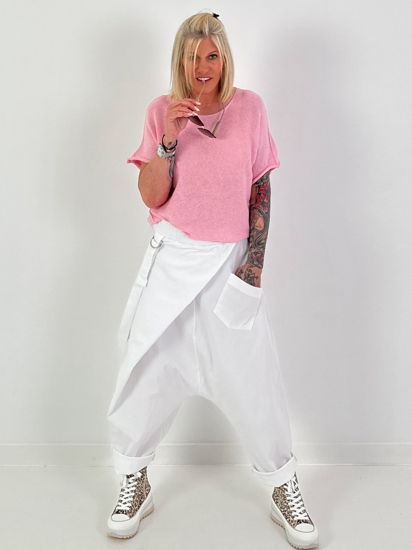 Summer knit sweater with short sleeves - pink