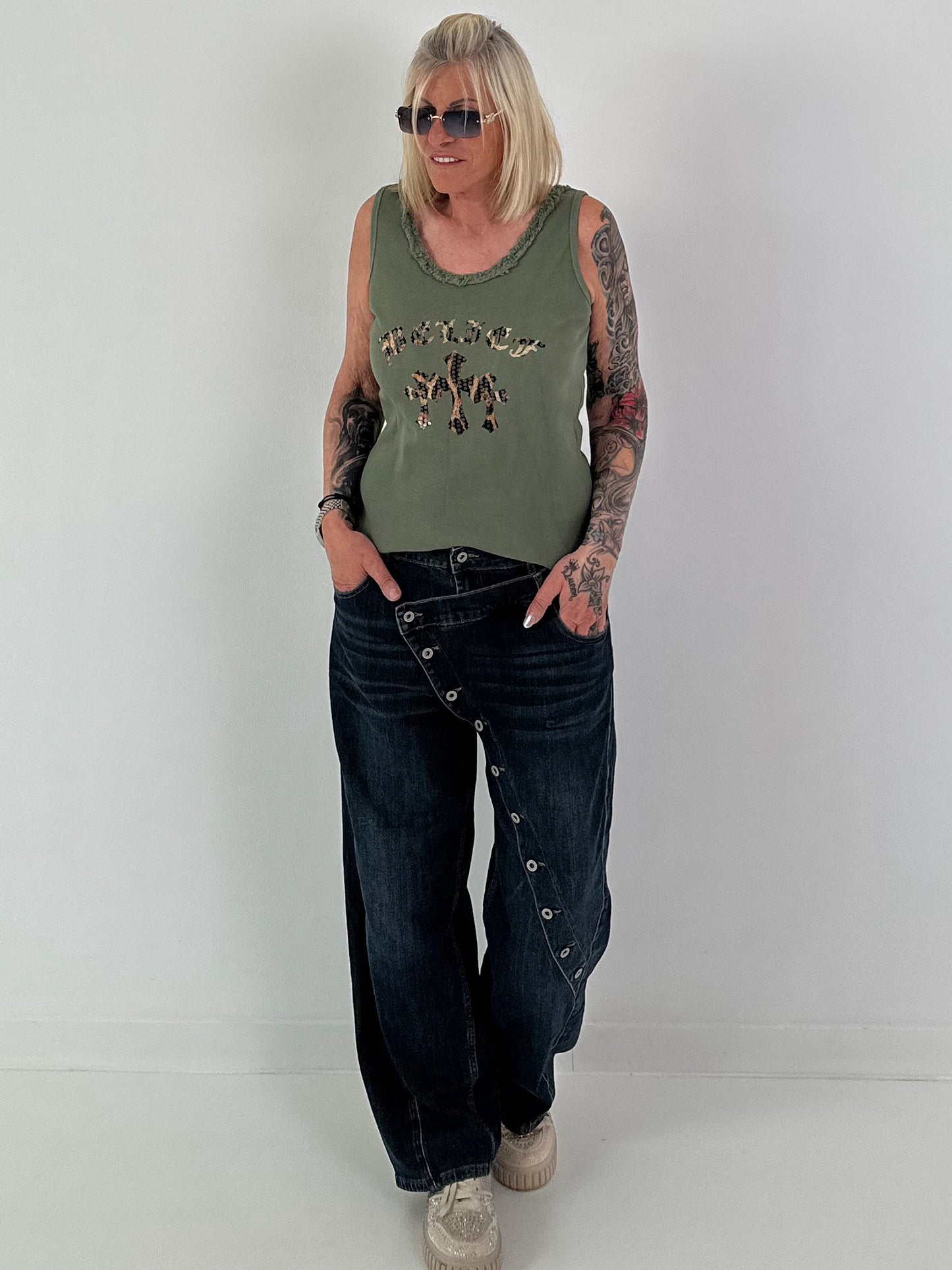 Ripp Tank Top mit Print  - oliv