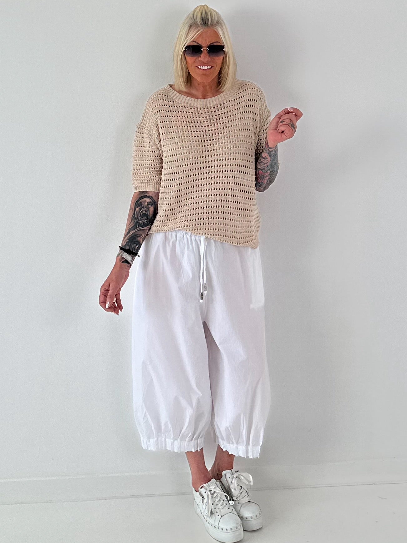 Strick Shirt mit Lochmuster - beige
