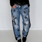 Boyfriend Jeans mit allover Sternen-Print und Ledereinsätzen - schwarz-denim
