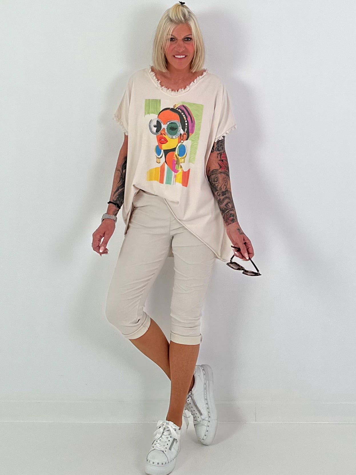 Capri Hose mit Bindeband - beige