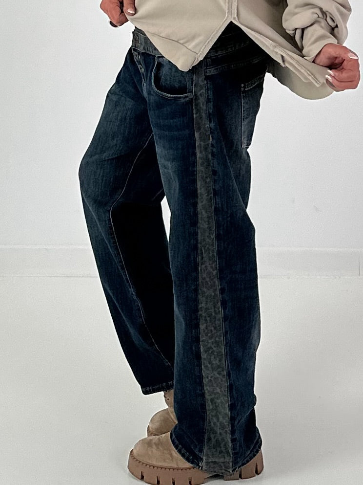 Jeans with double waistband and leopard details - denim-grey