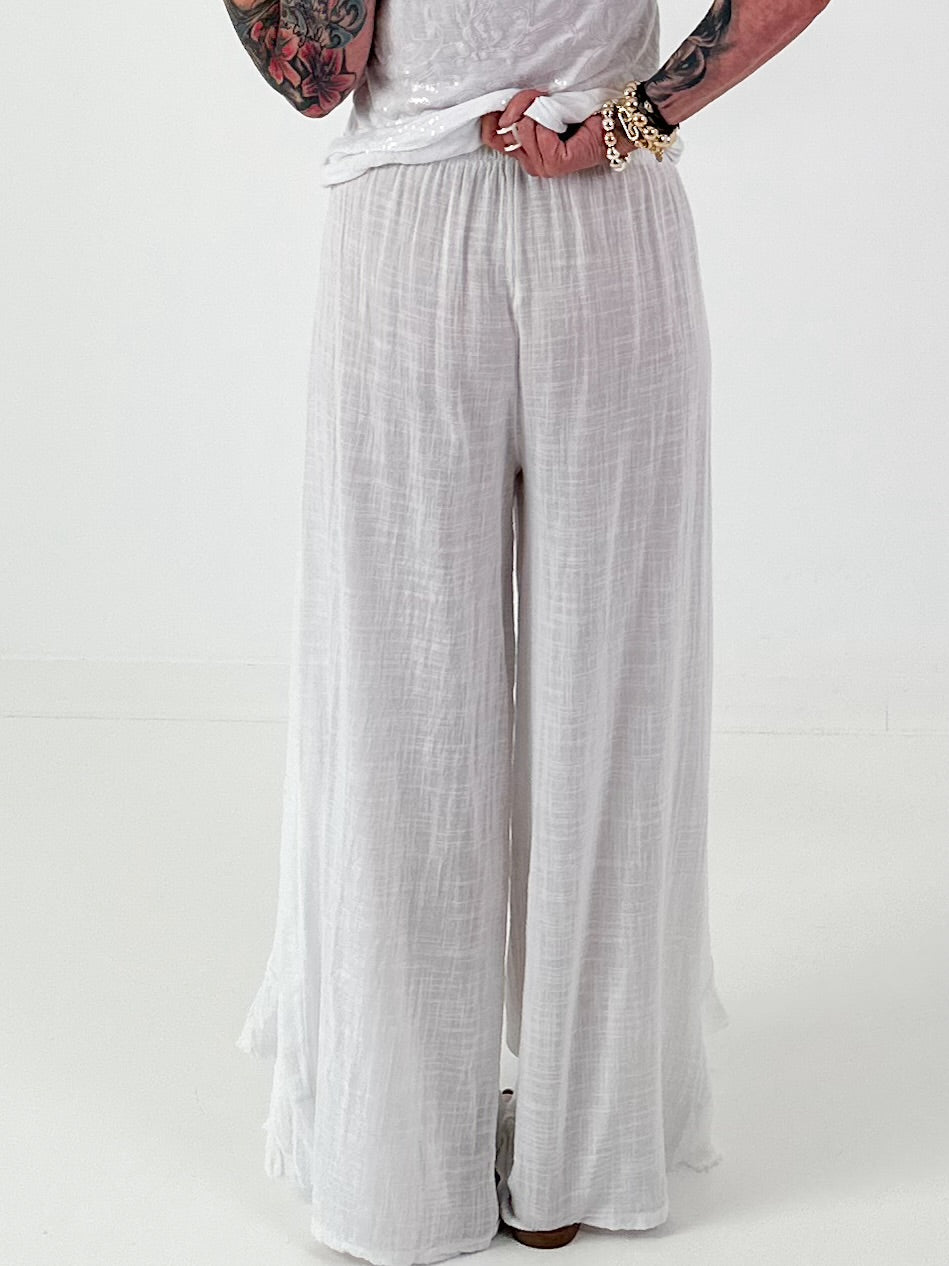 Wide Trousers with Tie Ruffle - White