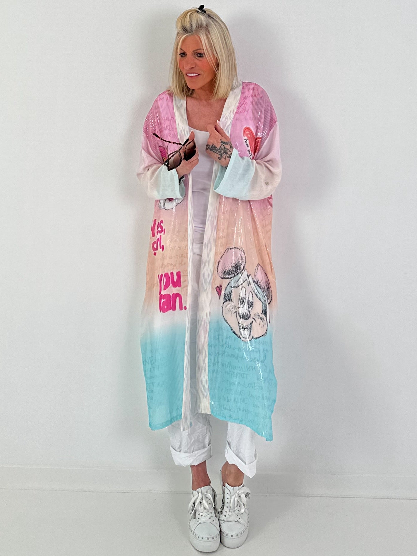 Mantel mit Pailletten und Print-Mix - weiss-rosa-mehrfarbig