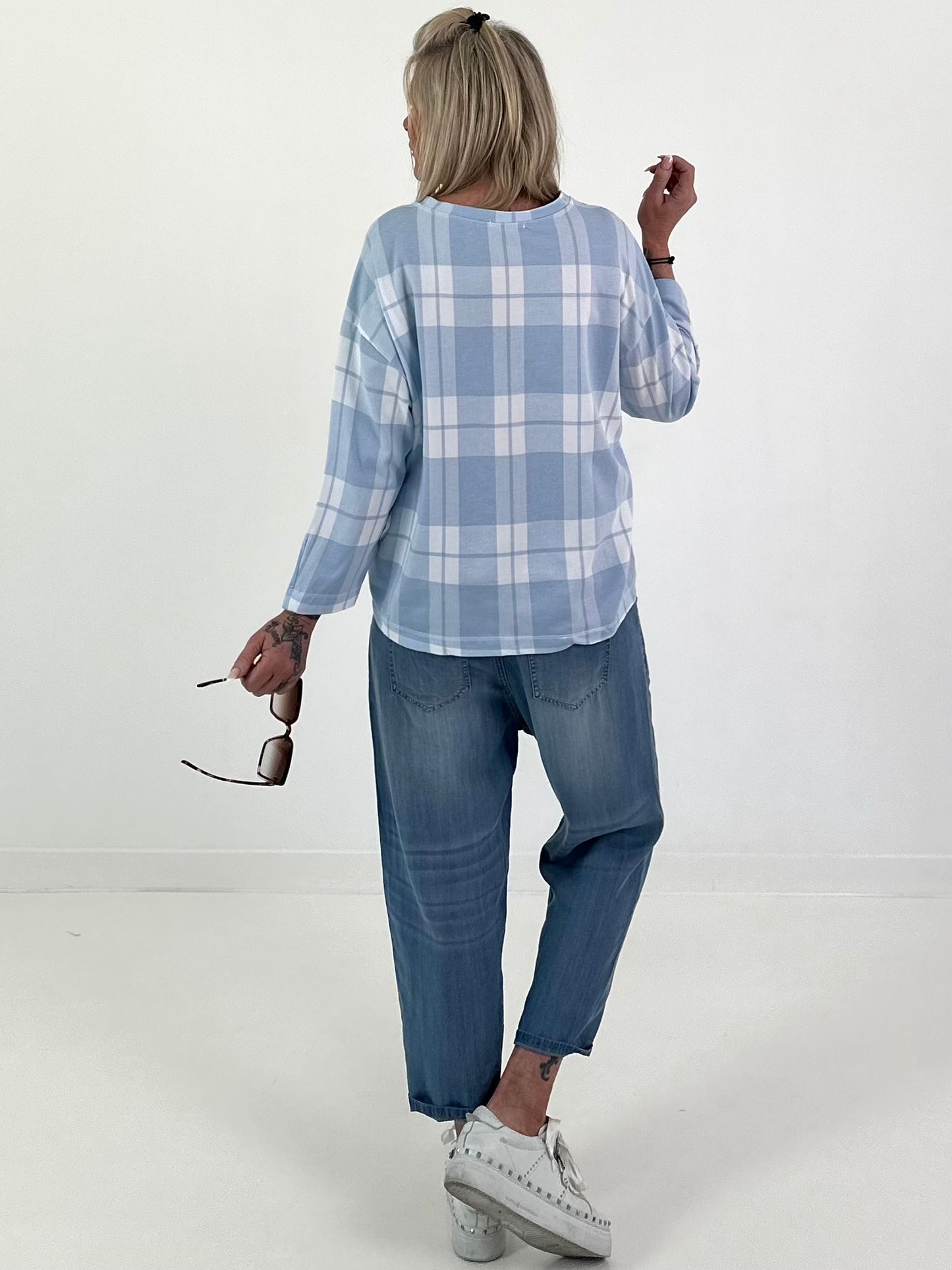 Sweater met ruitpatroon - lichtblauw-wit