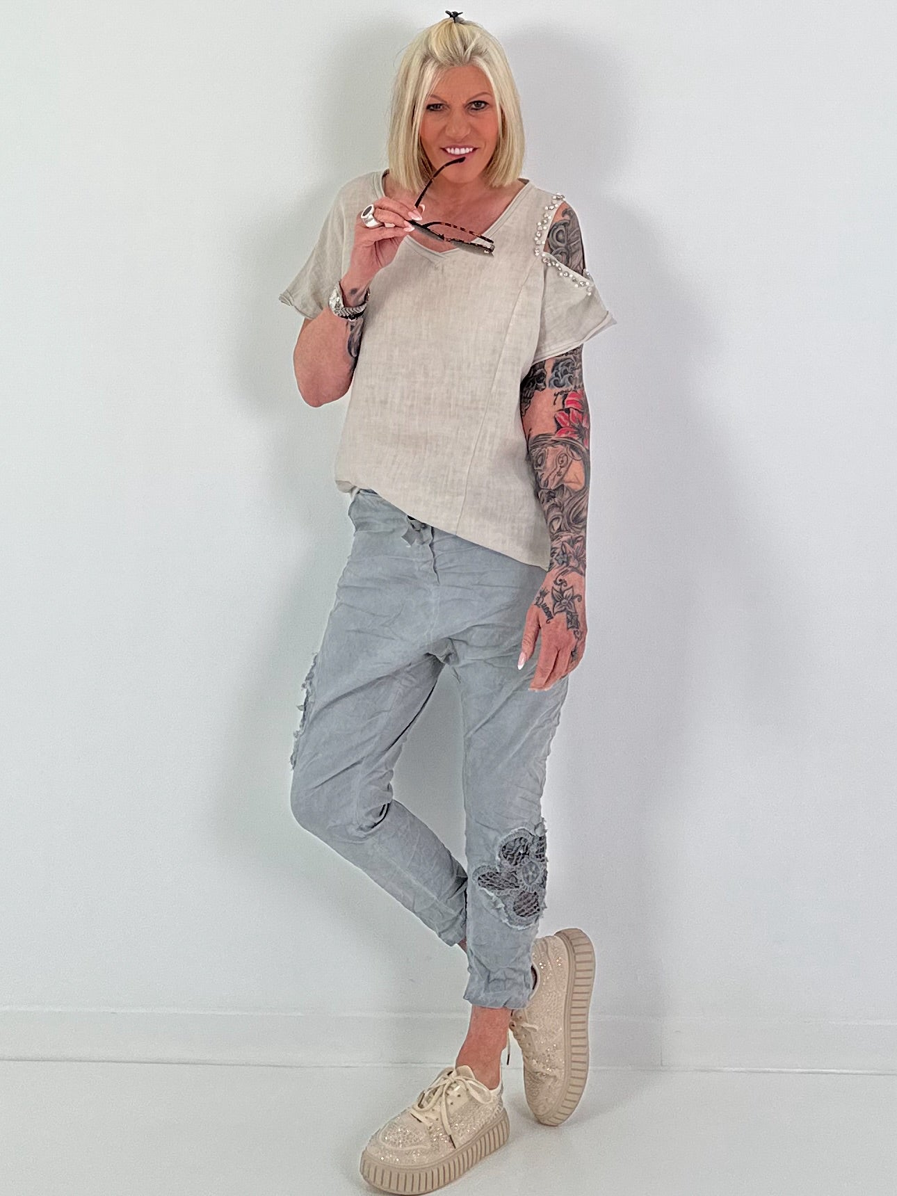 Linen Shirt with Cut-Out - beige