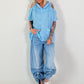 Linen shirt with off-shoulder cut-outs - light blue