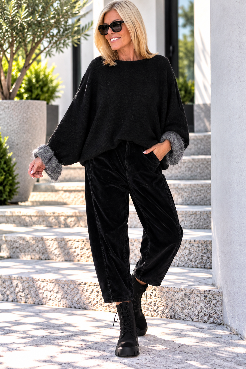 Sweater with ruffled cuffs - black-grey