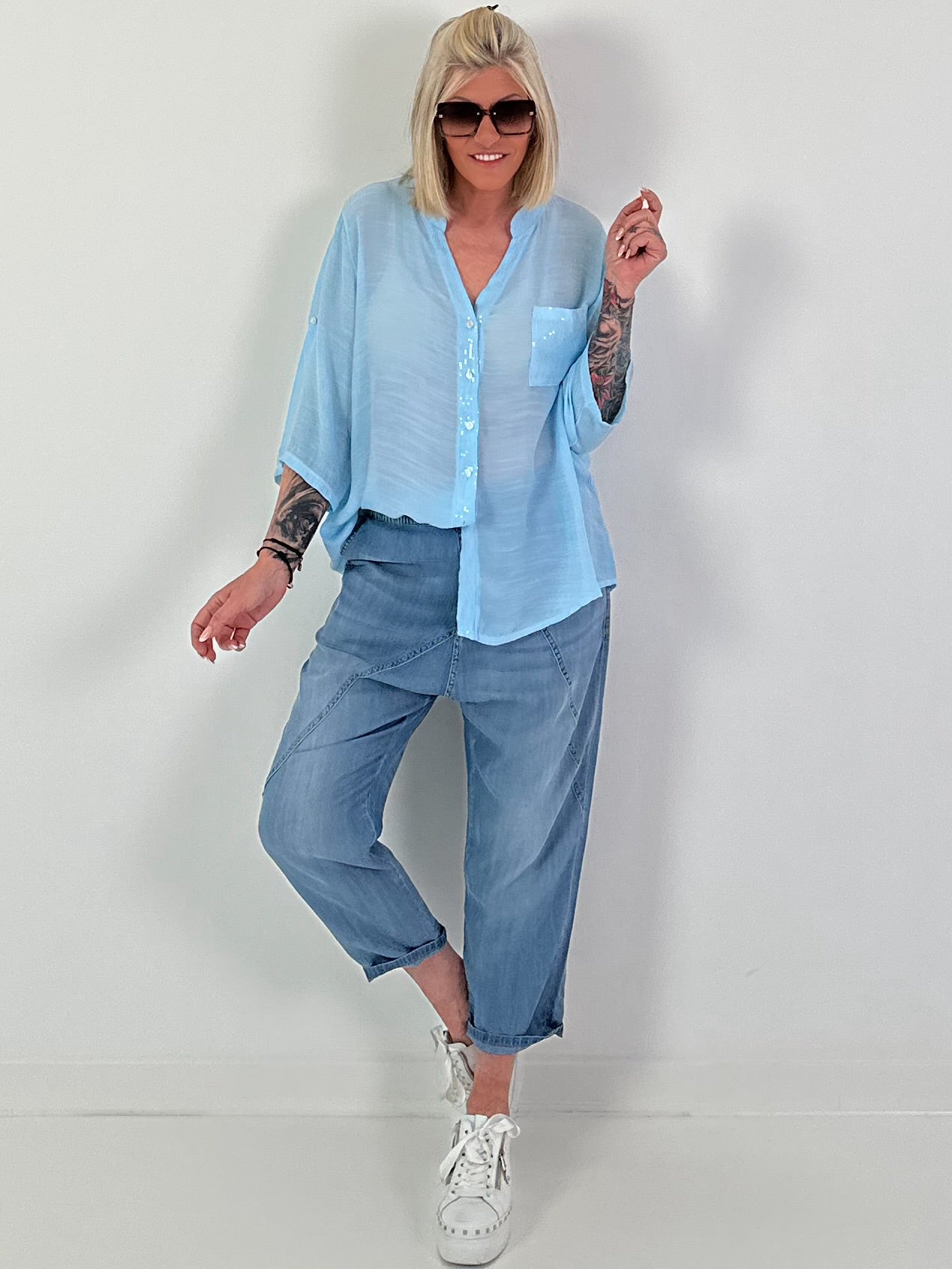 Sequin and crochet detail blouse - light blue