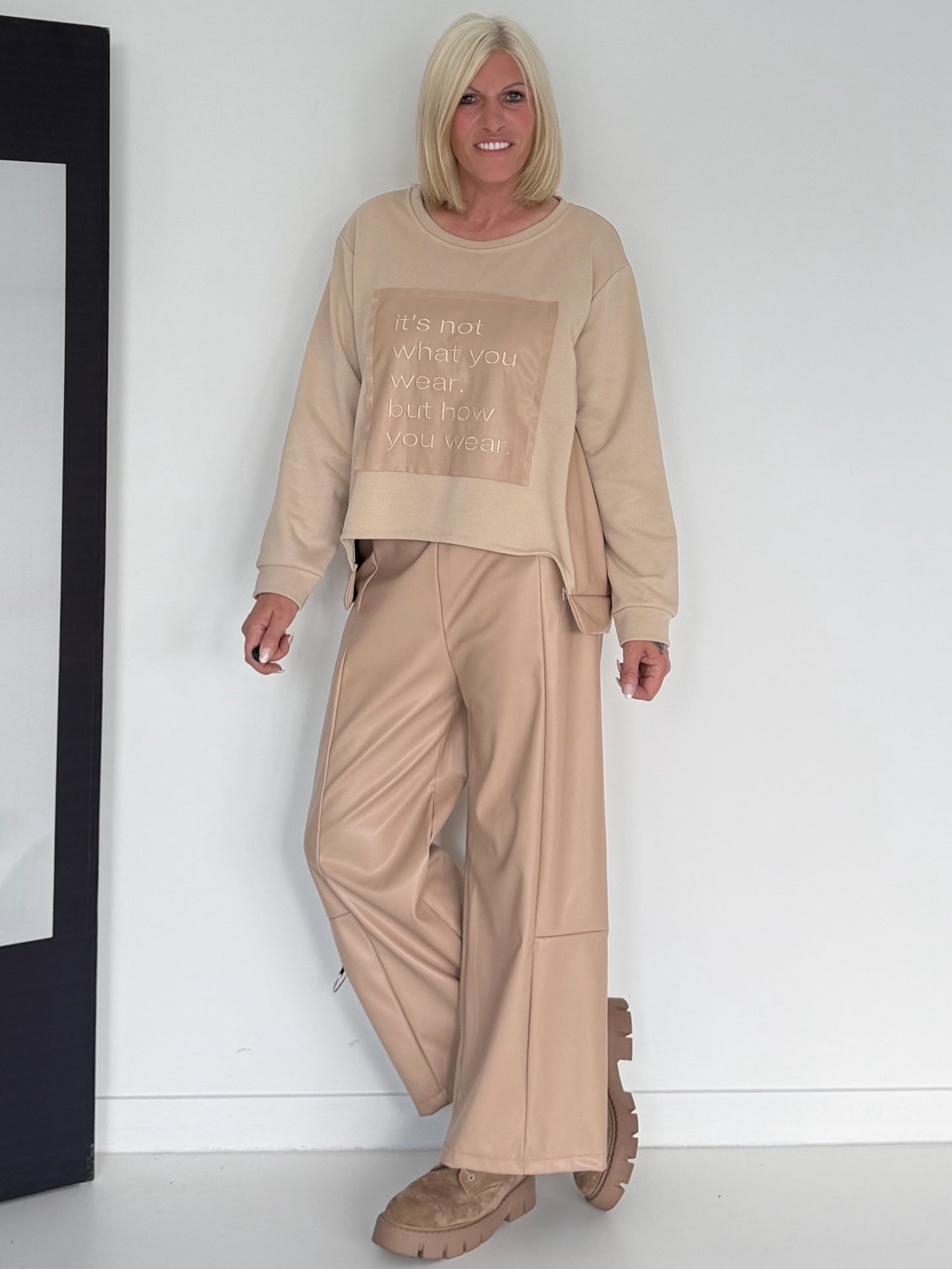 Sweater with faux leather details - beige