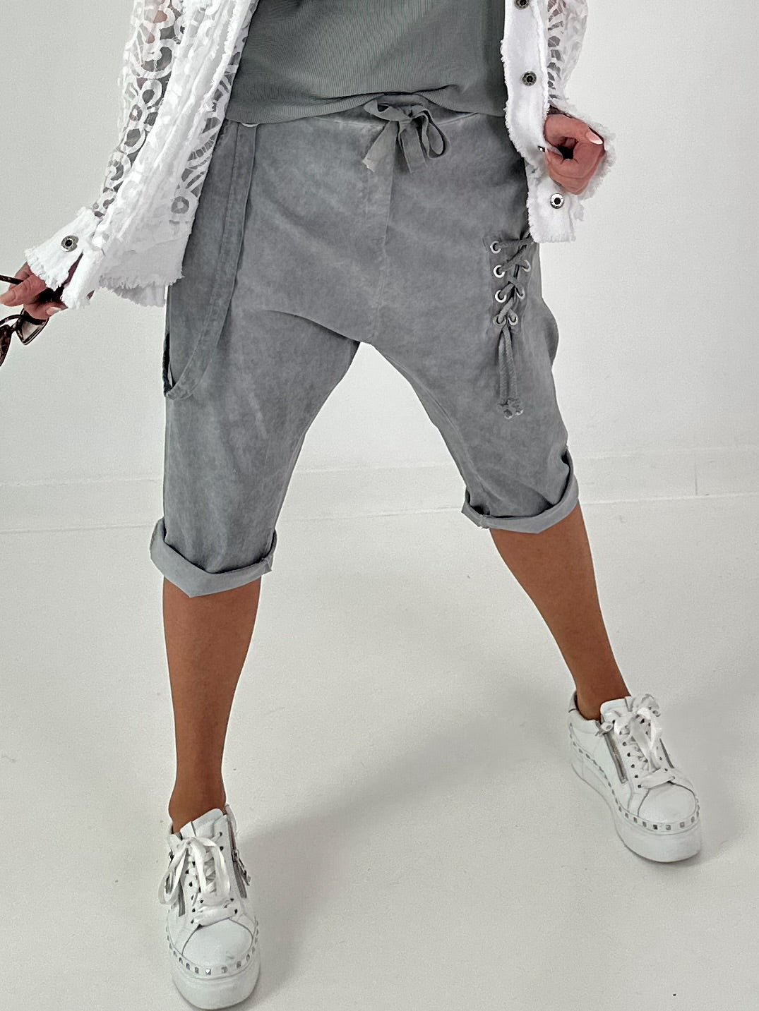 Baggy Shorts with Drawstring Detail - Grey