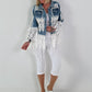 Boho Jeansjacke mit besonderen  Details - hellblau-weiss