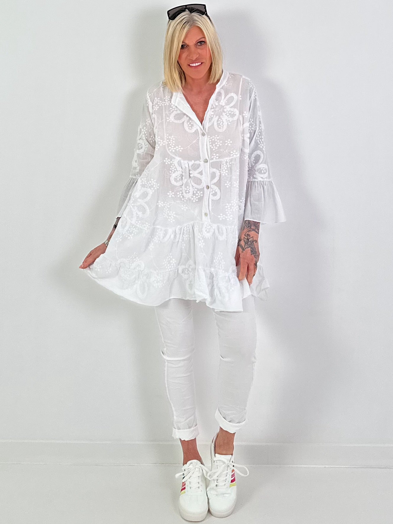 Tunic/dress with terrycloth appliqué - white