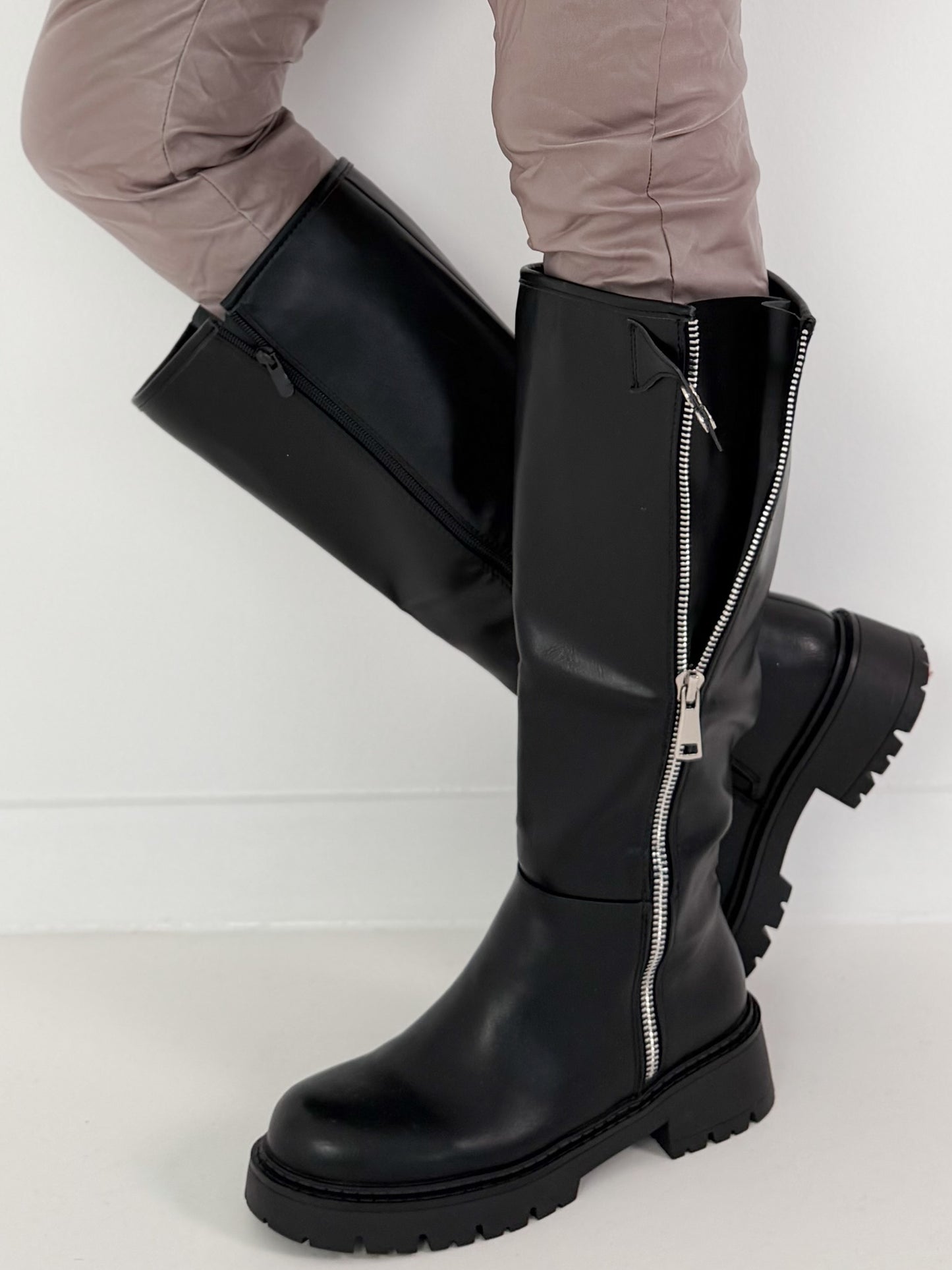 Leather-look boots with elaborate zipper details - black