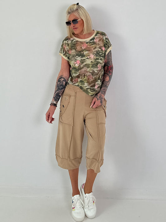Camouflage shirt with lace inserts - khaki multi-coloured