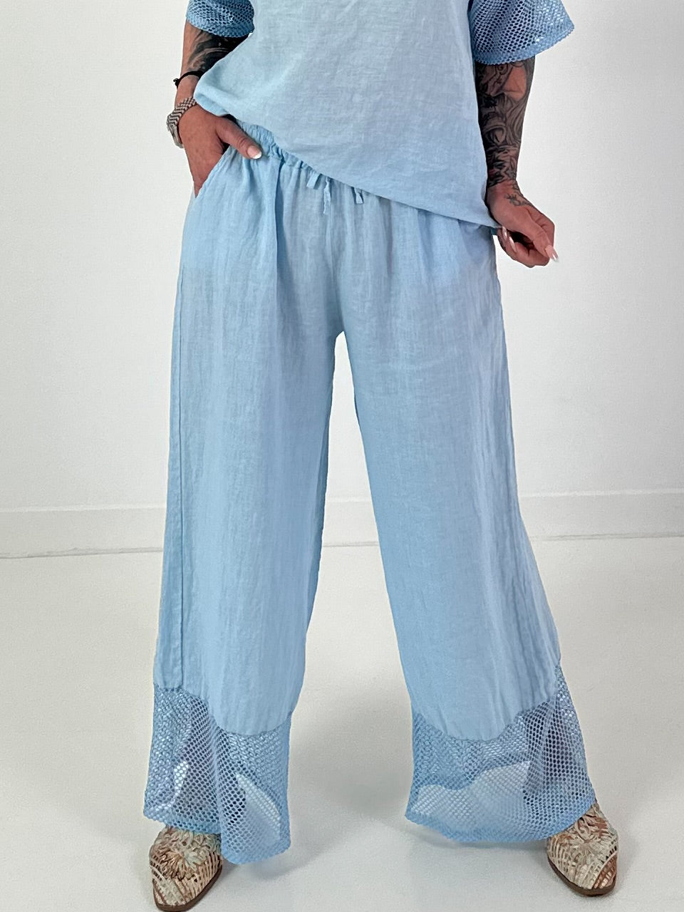 Wide-leg linen trousers - light blue