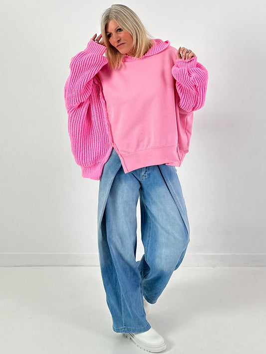 Materiaalmix hoodie model "Knit Fusion" - roze