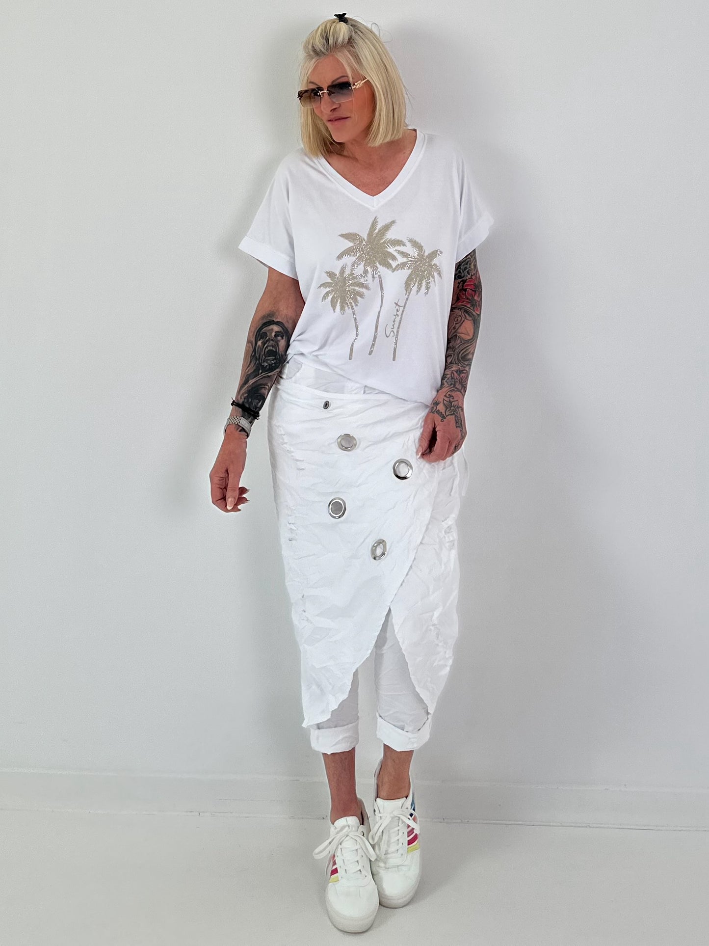 T-Shirt mit Glitzerpalmen - weiss