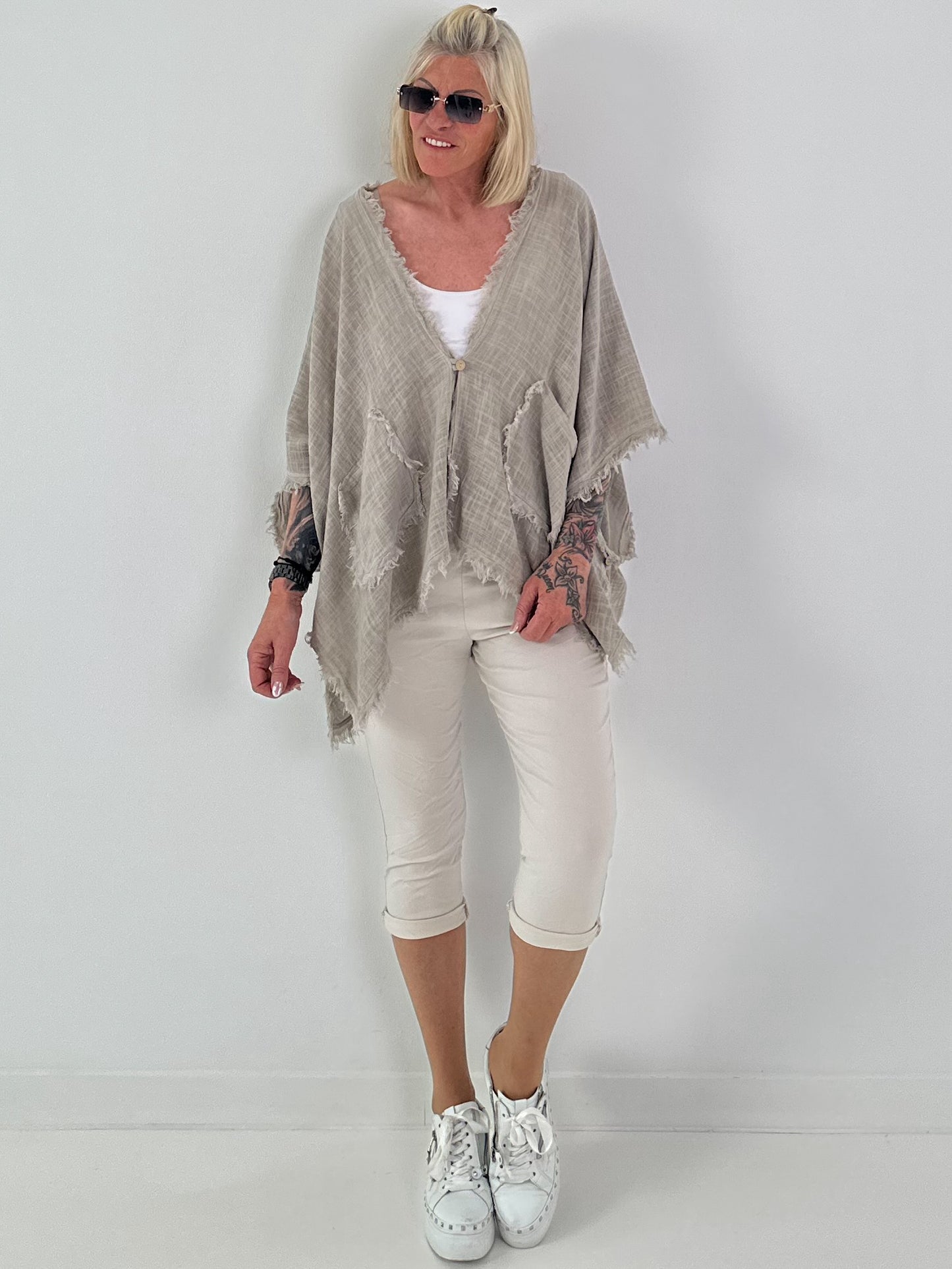Leinen Poncho Jacke - beige
