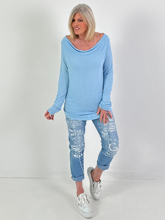 Shirt met watervalhals - lichtblauw