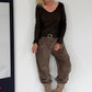 Rippshirt mit fransigem V-Ausschnitt - mokka