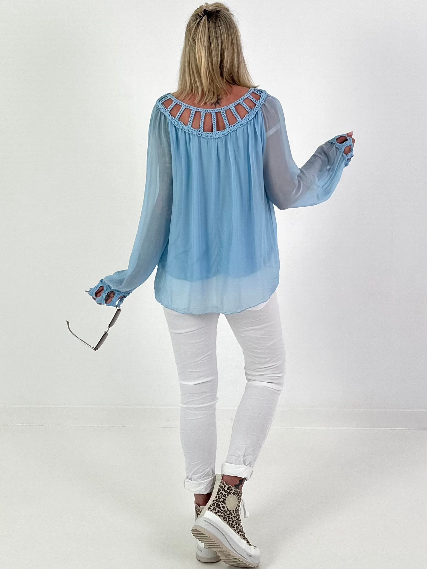 Silk tunic with crocheted neckline - light blue