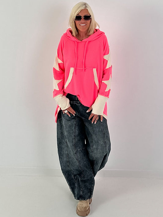 Casual long hoodie with thumbhole and trendy star elements - neon pink