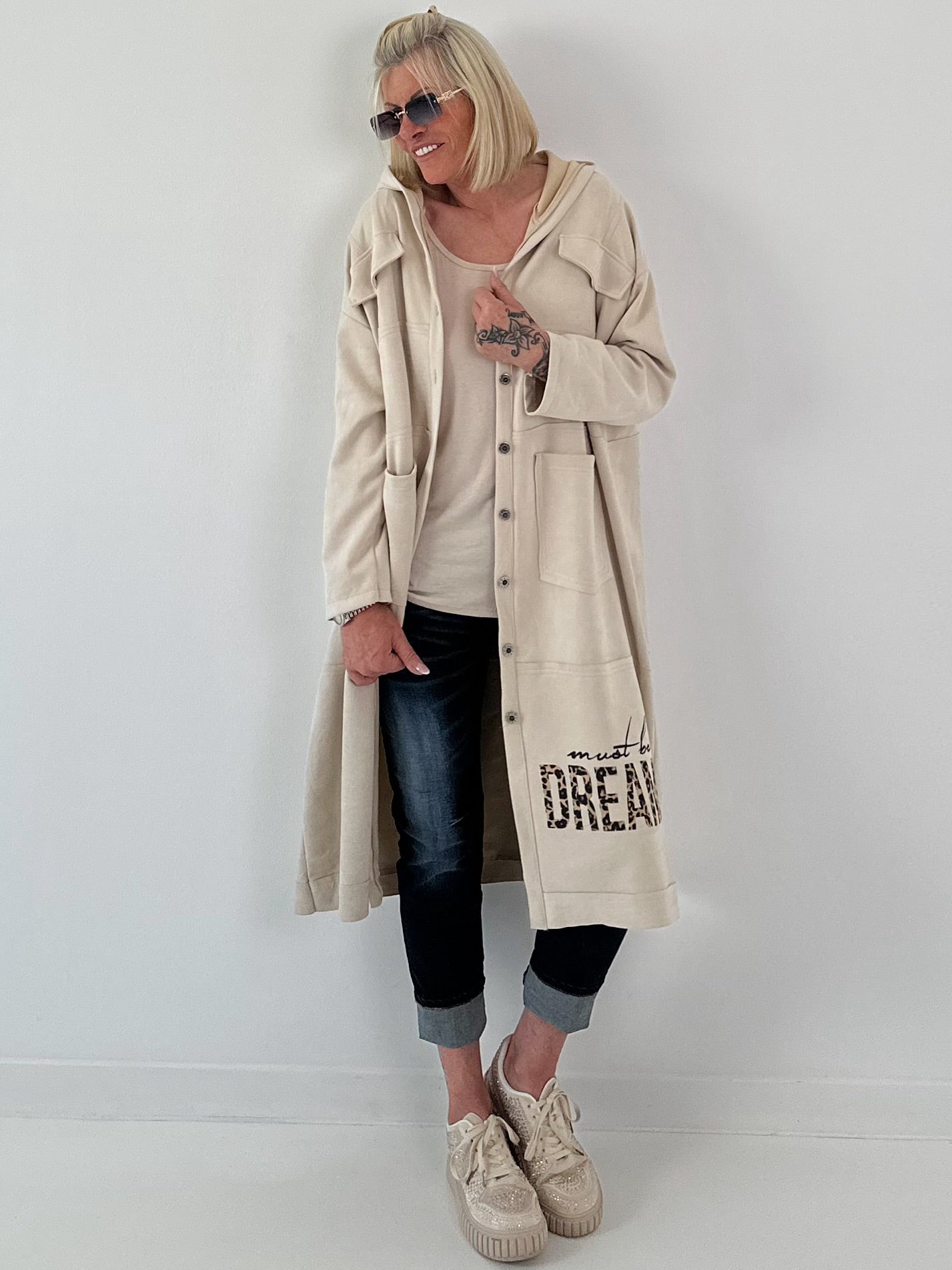 Hooded coat with print - beige