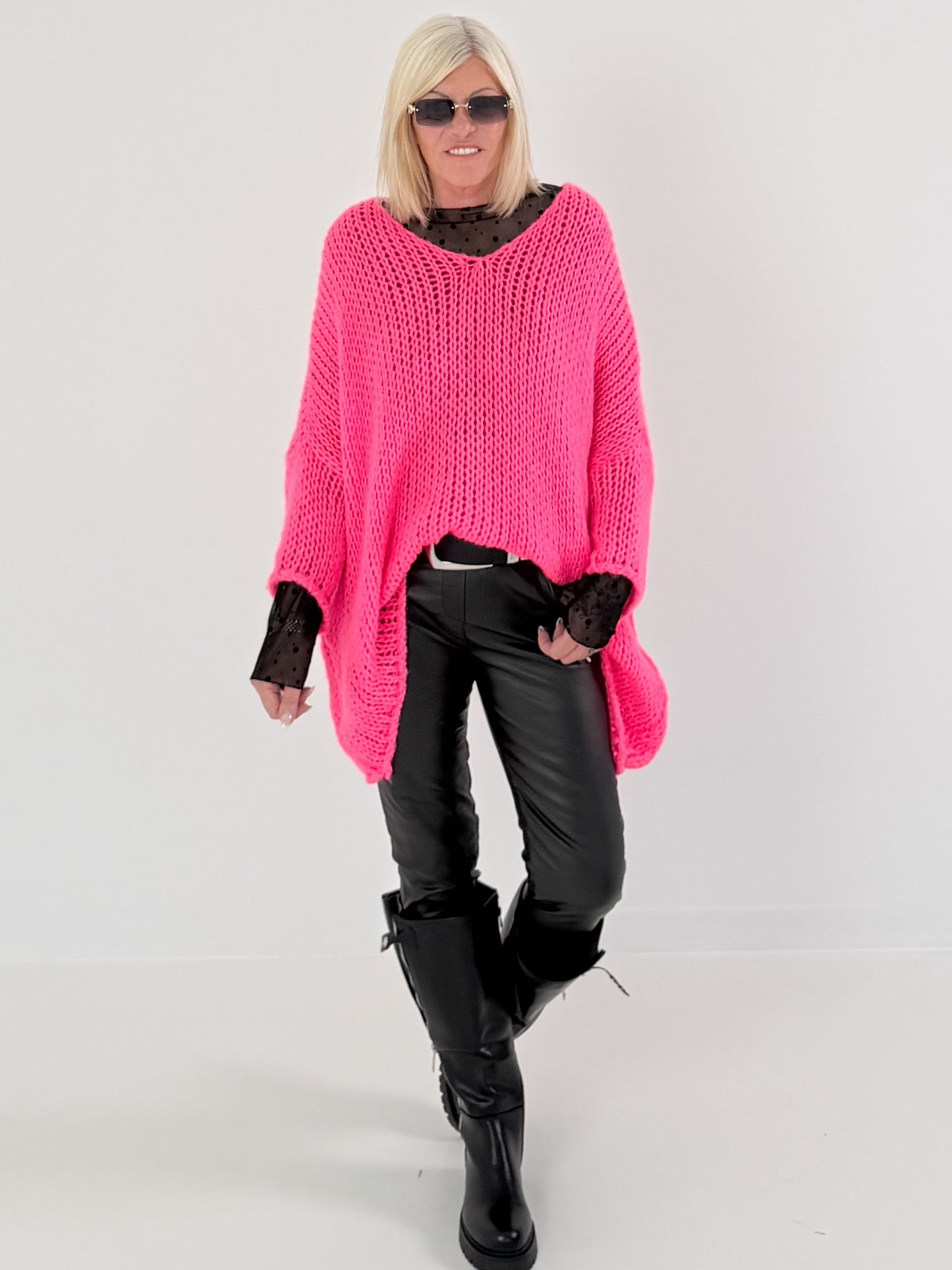 Soft Oversized Chunky Knit Sweater - neon pink