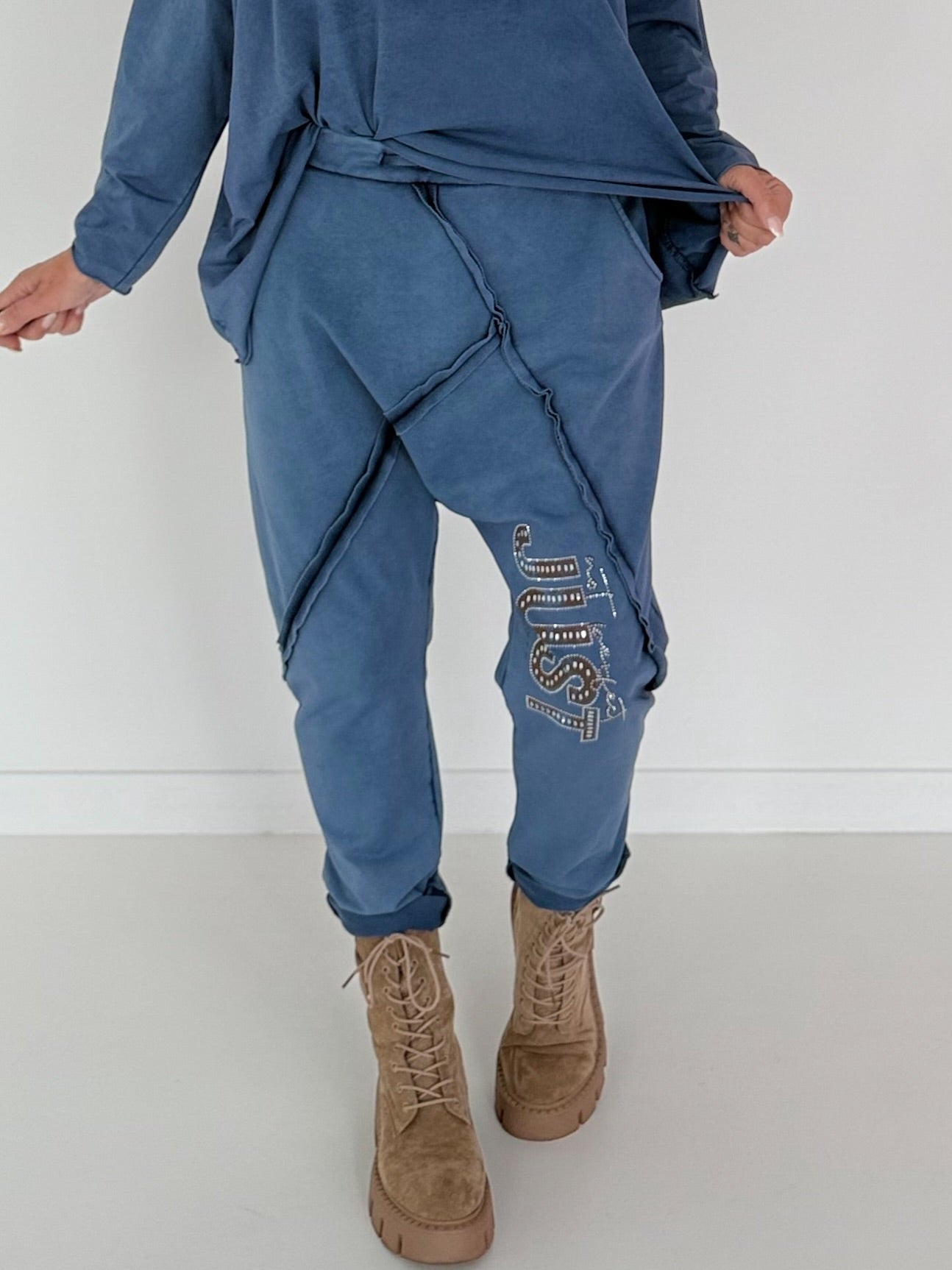 Sweat Baggy mit Strassapplikation - jeansblau