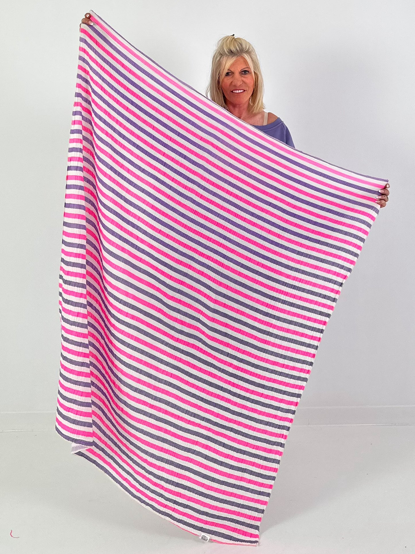 XL Muslin Cloth with Stripes - white-neon pink-lilac