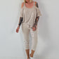 Shirt mit Cold Shoulder und Leo Strass - beige