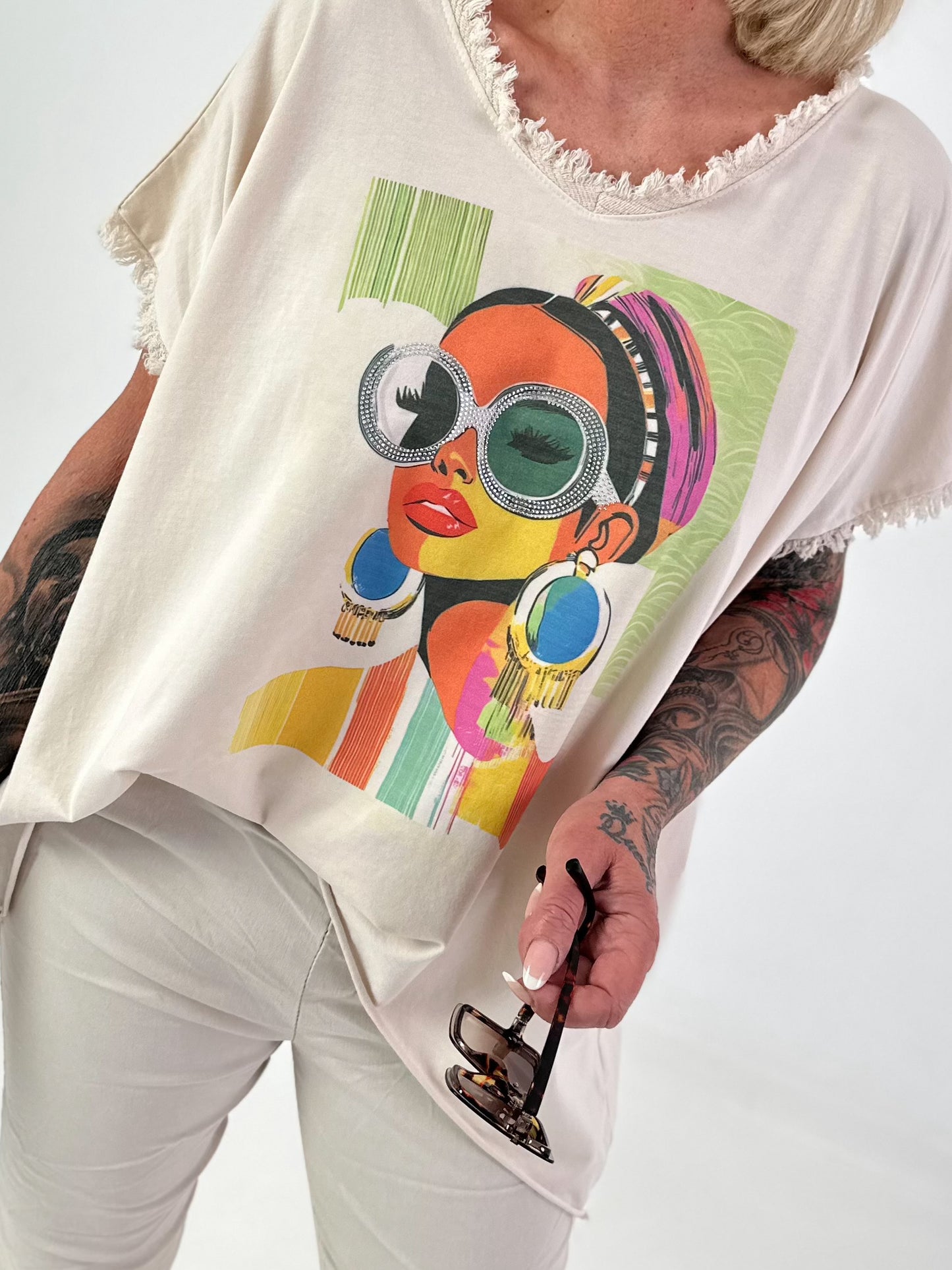 Oversized Shirt with Front Print - beige