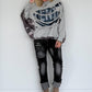 Sweater im Materialmix mit Cut-Outs und Strasssteinen - grau-denim-mehrfarbig