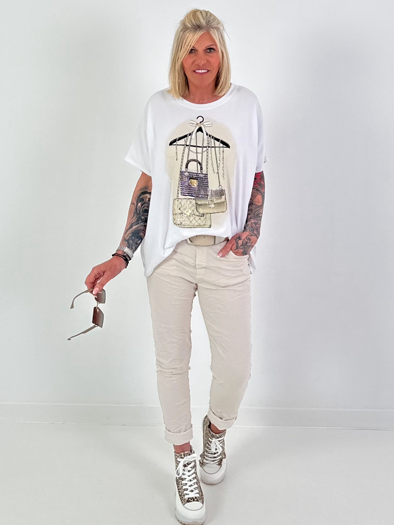 T-Shirt Glitzer-Bag - weiss-beige