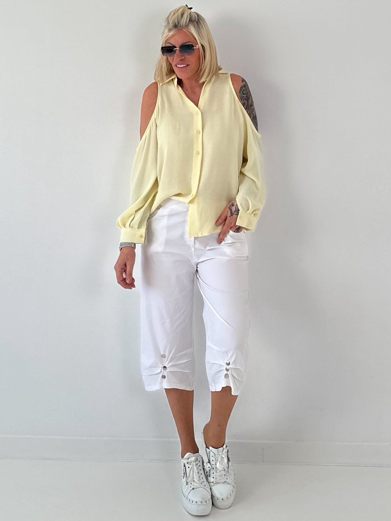 Bluse mit cold shoulder Detail - gelb