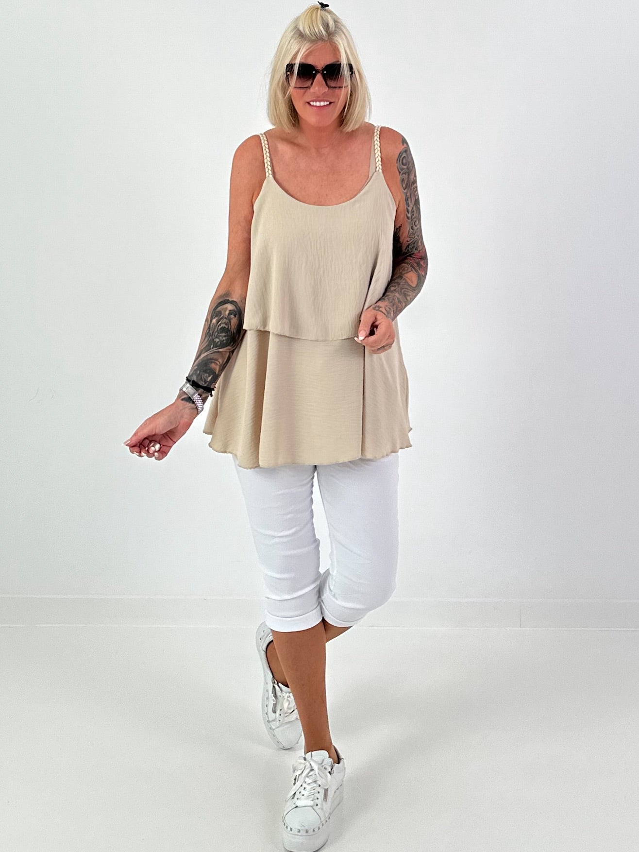 Layered Top with Braided Straps - beige