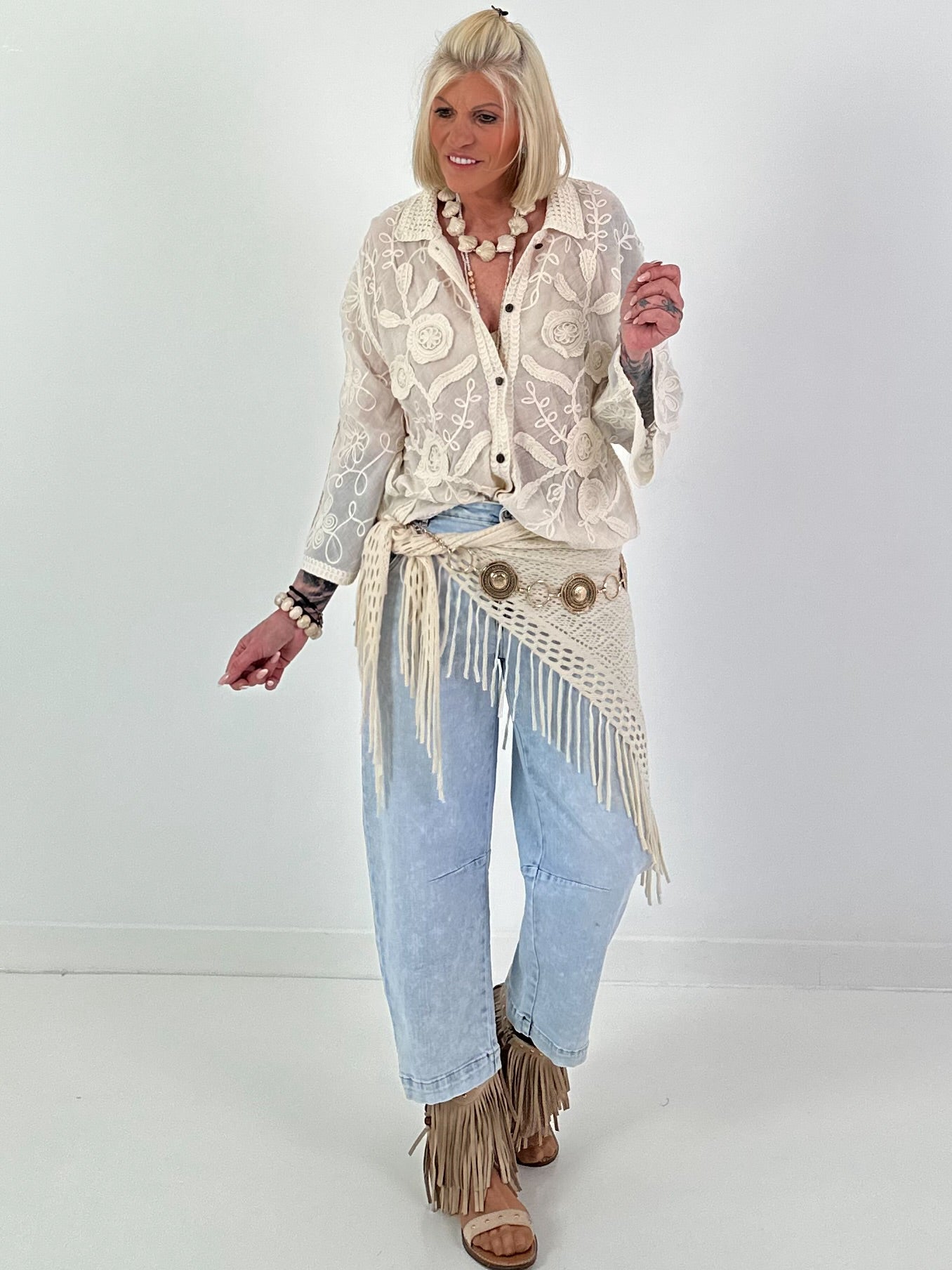 Boho Blouse with Crochet Collar - Beige