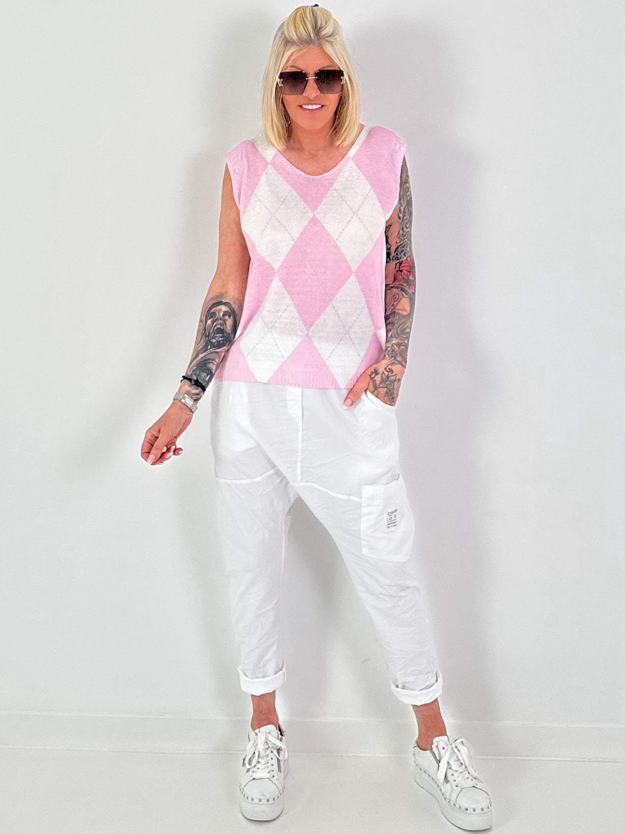 Pullunder mit Raute - weiss-rosa