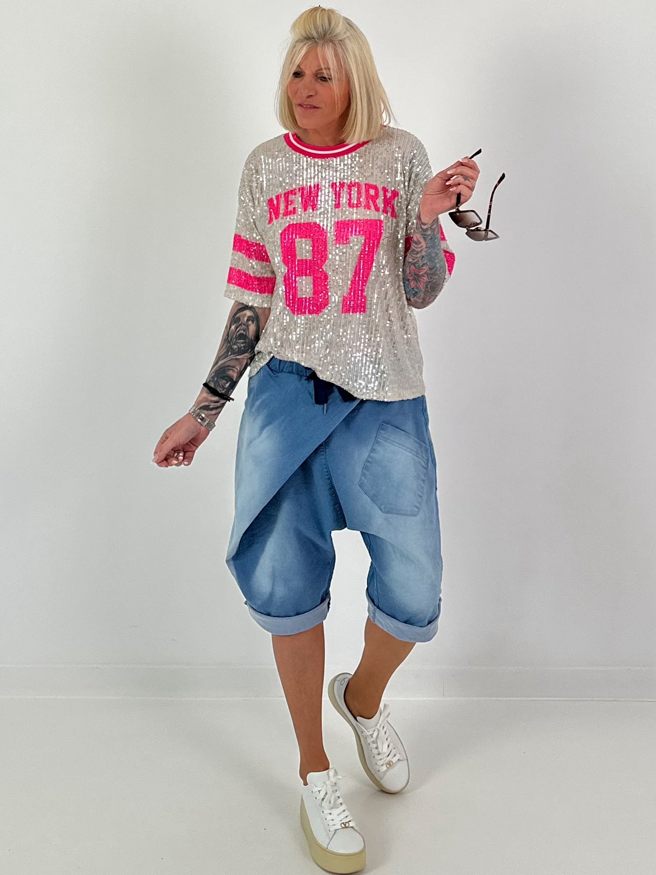 Pailletten T-shirt New York - zilver-roze
