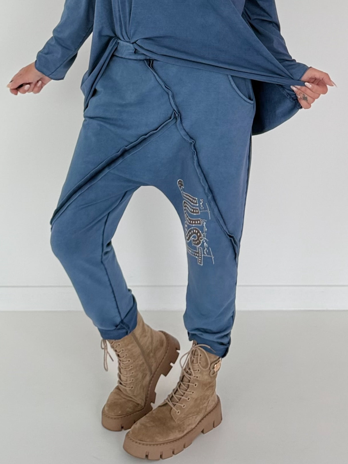 Sweat Baggy mit Strassapplikation - jeansblau