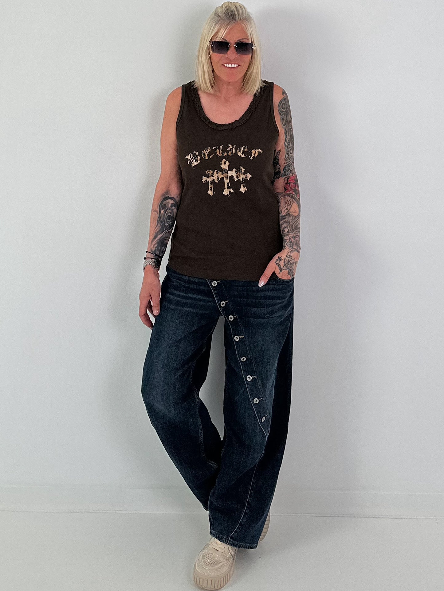 Ripp Tank Top mit Print  - mokka