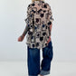Leichte oversized Bluse mit Muster - beige- schwarz-blau