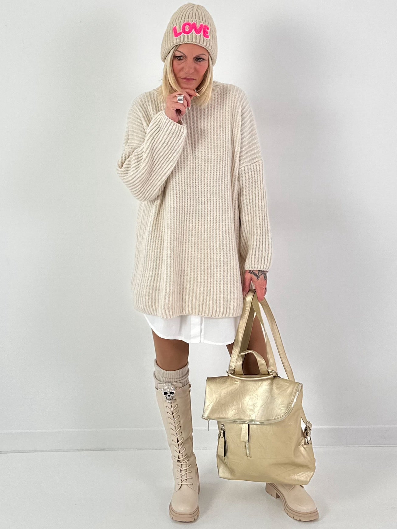 Long sweater model "Rib Relaxe" - beige