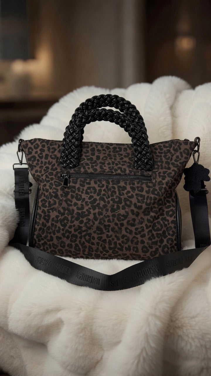 Stylish Canvas Bag with Real Leather Details Peace - black-silver-leopard mocha