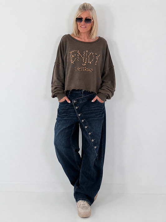 Sweater met linkse naden en print - mokka